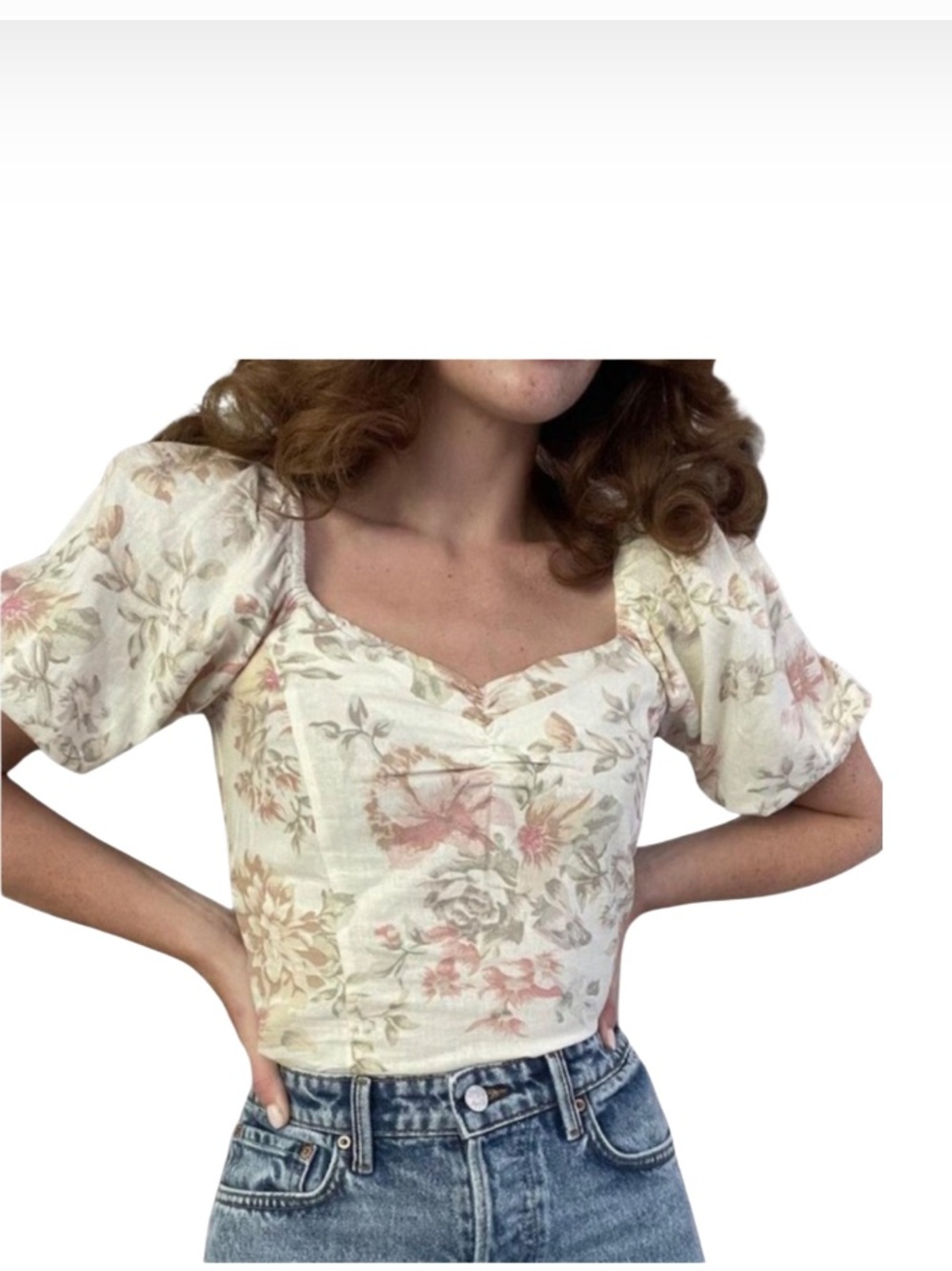 Cottagecore H&M Linen Blend Floral Puff Sleeve Top